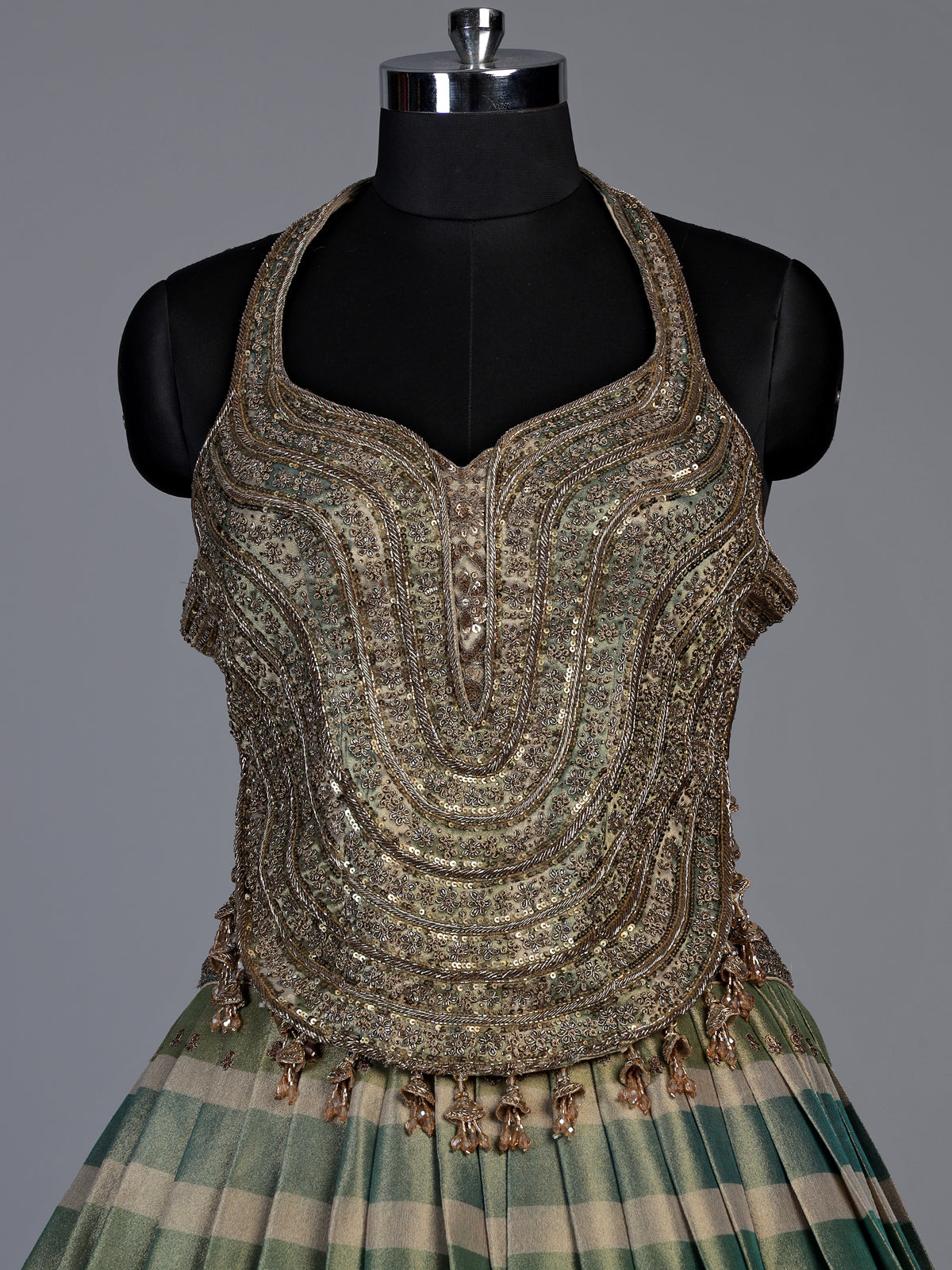 Green baroque inspired lehenga choli for women