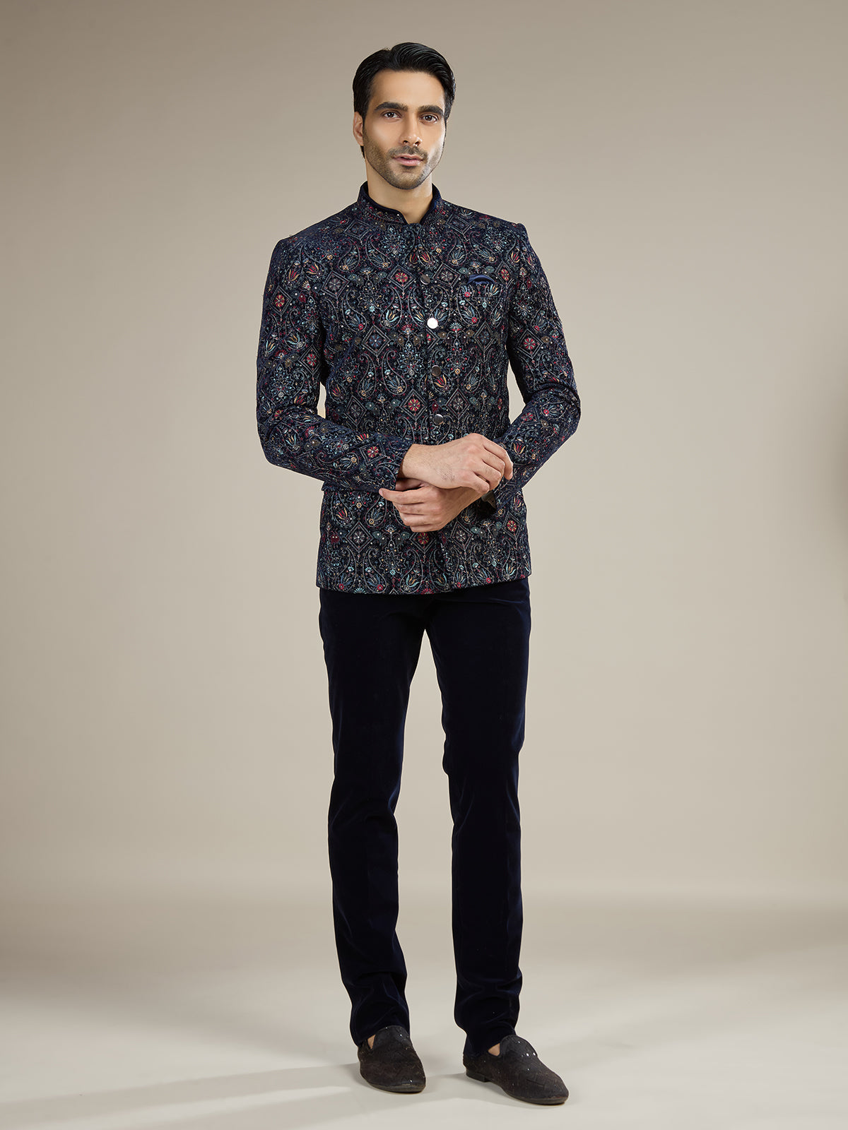 Navy blue mens botanical velvet jodhpuri suit