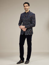 Navy blue mens botanical velvet jodhpuri suit