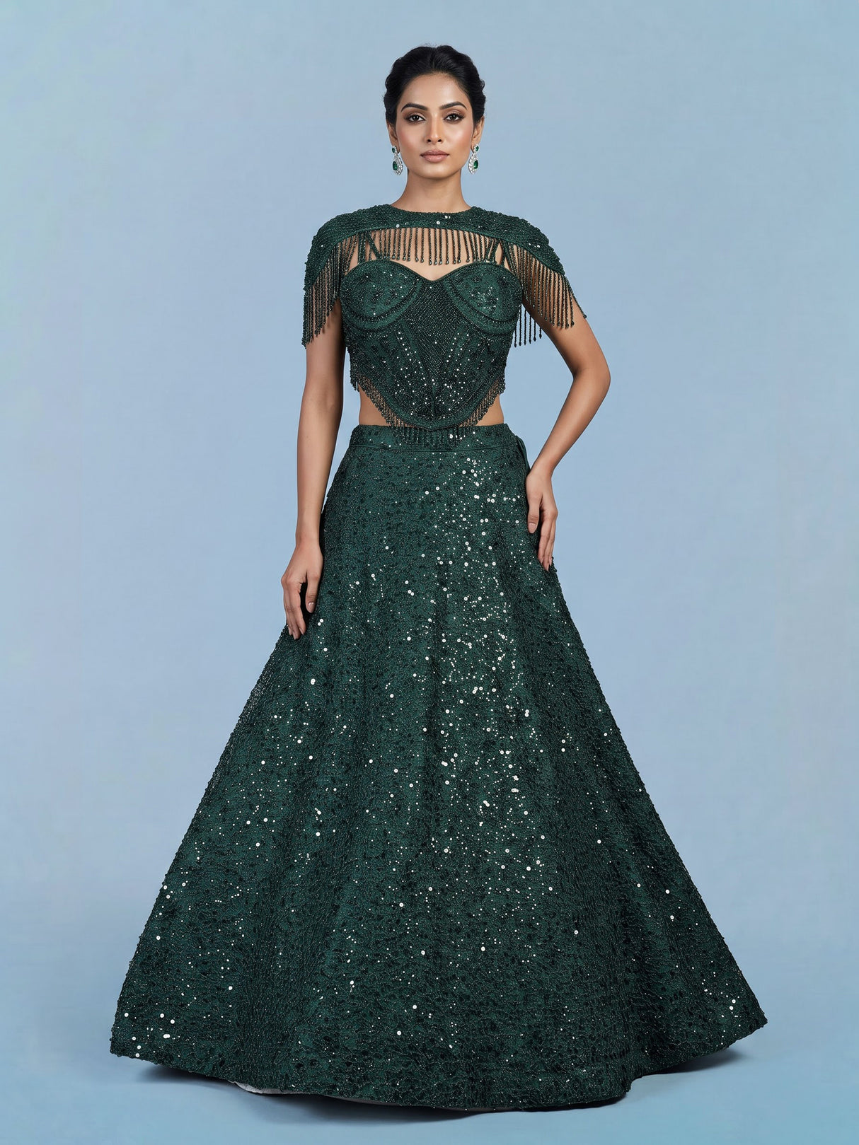 Green embellished cape lehenga choli for women