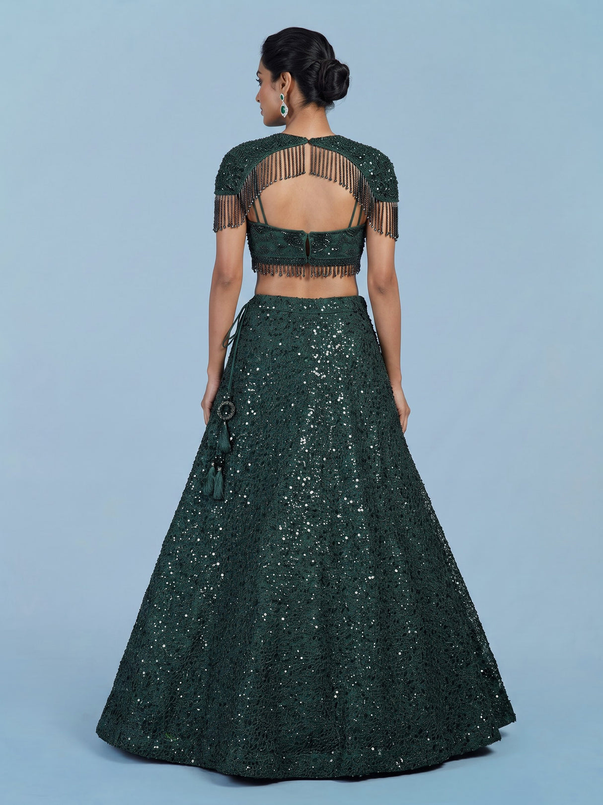 Green embellished cape lehenga choli for women