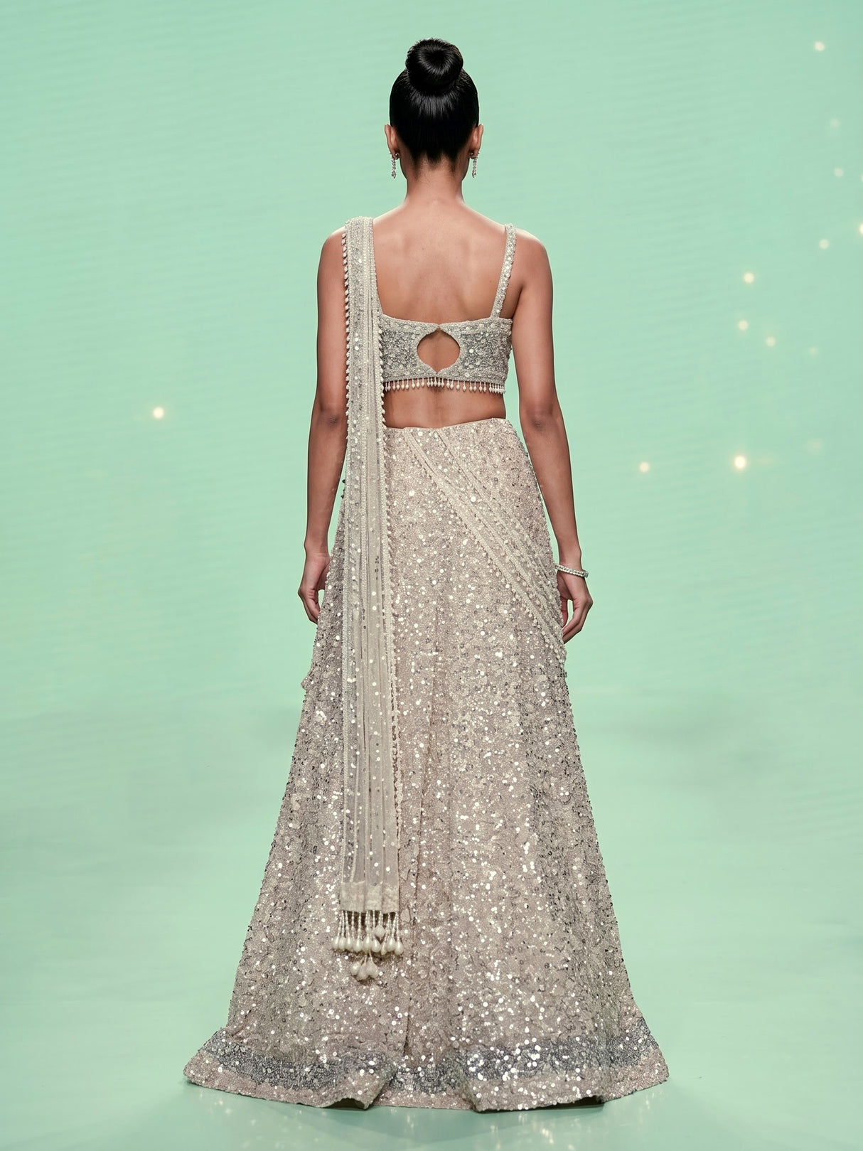 Beige pearl drape designer lehenga choli for women