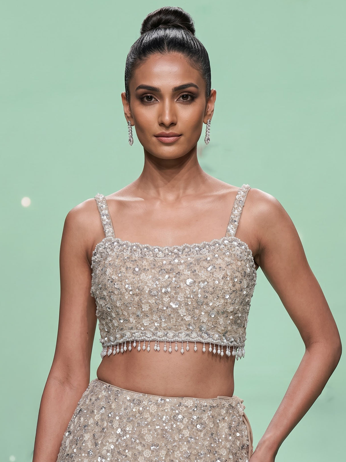 Beige pearl drape designer lehenga choli for women