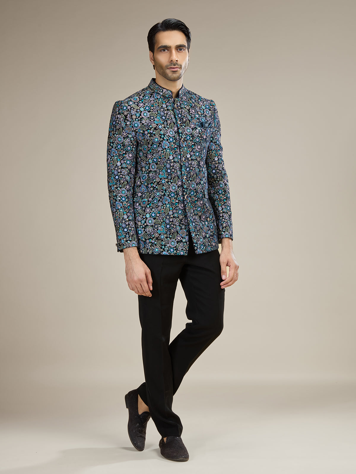 Black mens multicolor botanical jodhpuri suit
