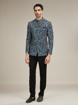 Black mens multicolor botanical jodhpuri suit