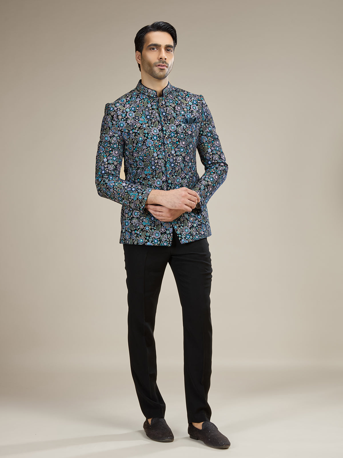 Black mens multicolor botanical jodhpuri suit