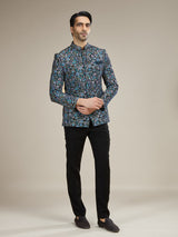 Black mens multicolor botanical jodhpuri suit