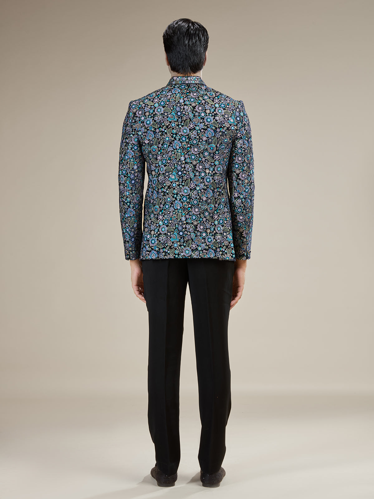Black mens multicolor botanical jodhpuri suit