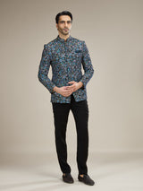 Black mens multicolor botanical jodhpuri suit