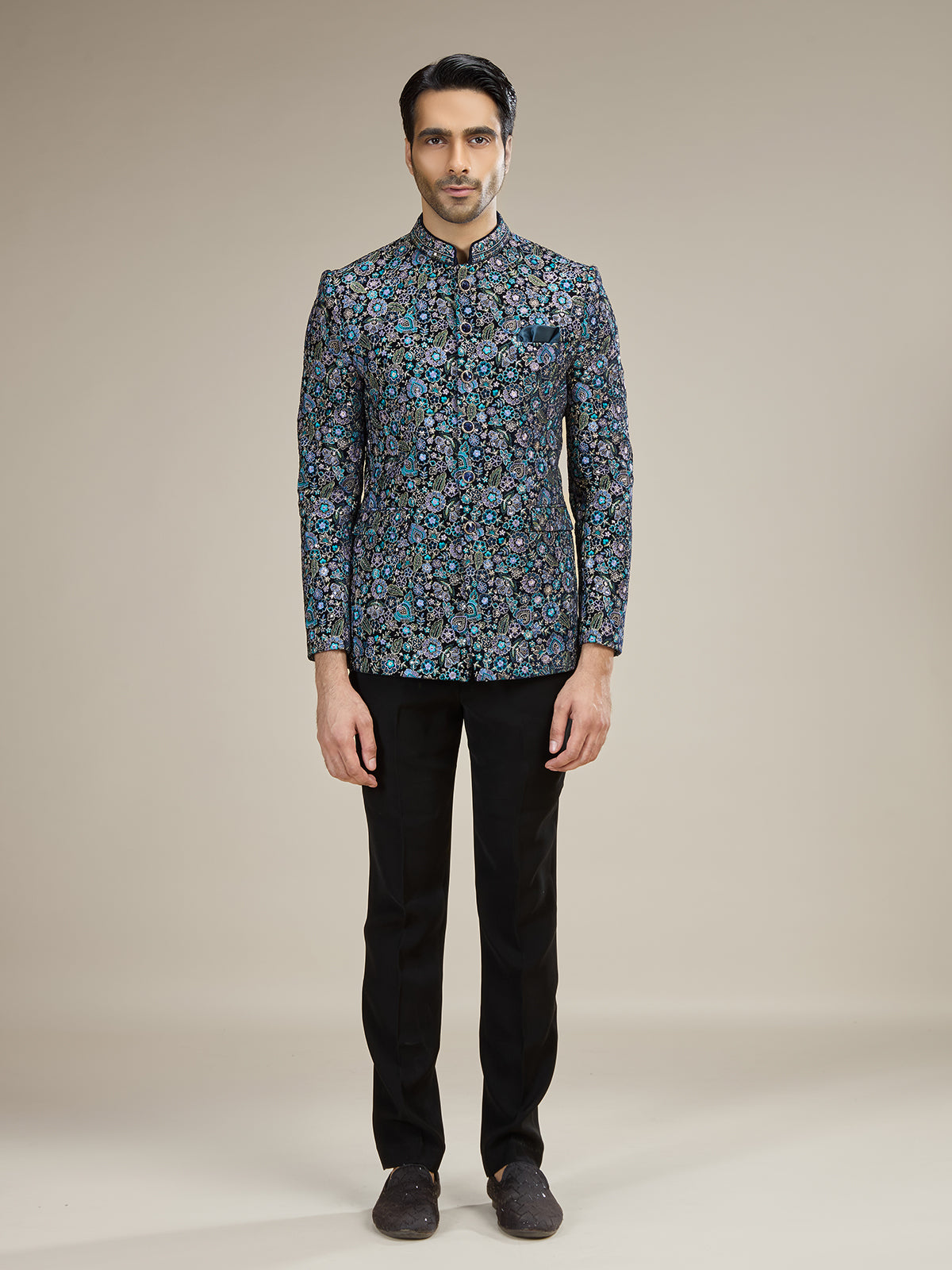 Black mens multicolor botanical jodhpuri suit