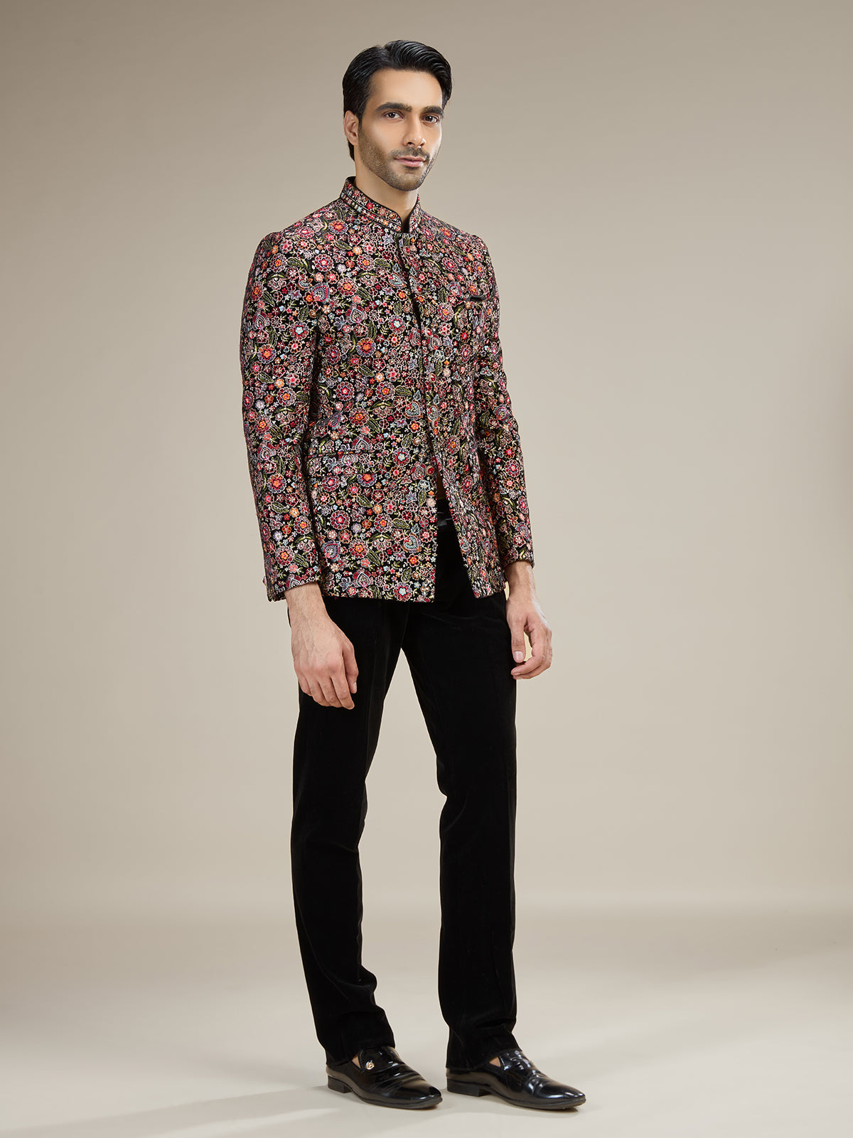 Black mens cool tone floral jodhpuri suit