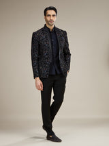 Navy blue mens embroidered velvet jodhpuri suit