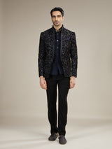 Navy blue mens embroidered velvet jodhpuri suit