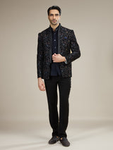 Navy blue mens embroidered velvet jodhpuri suit