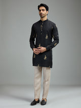Black mens floral threadwork kurta suit