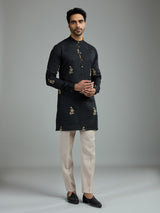 Black mens floral threadwork kurta suit