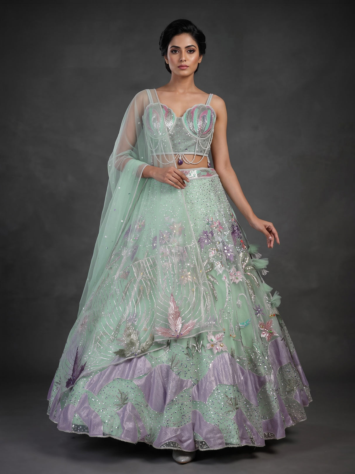 Pista green pearl embellished lehenga choli for women