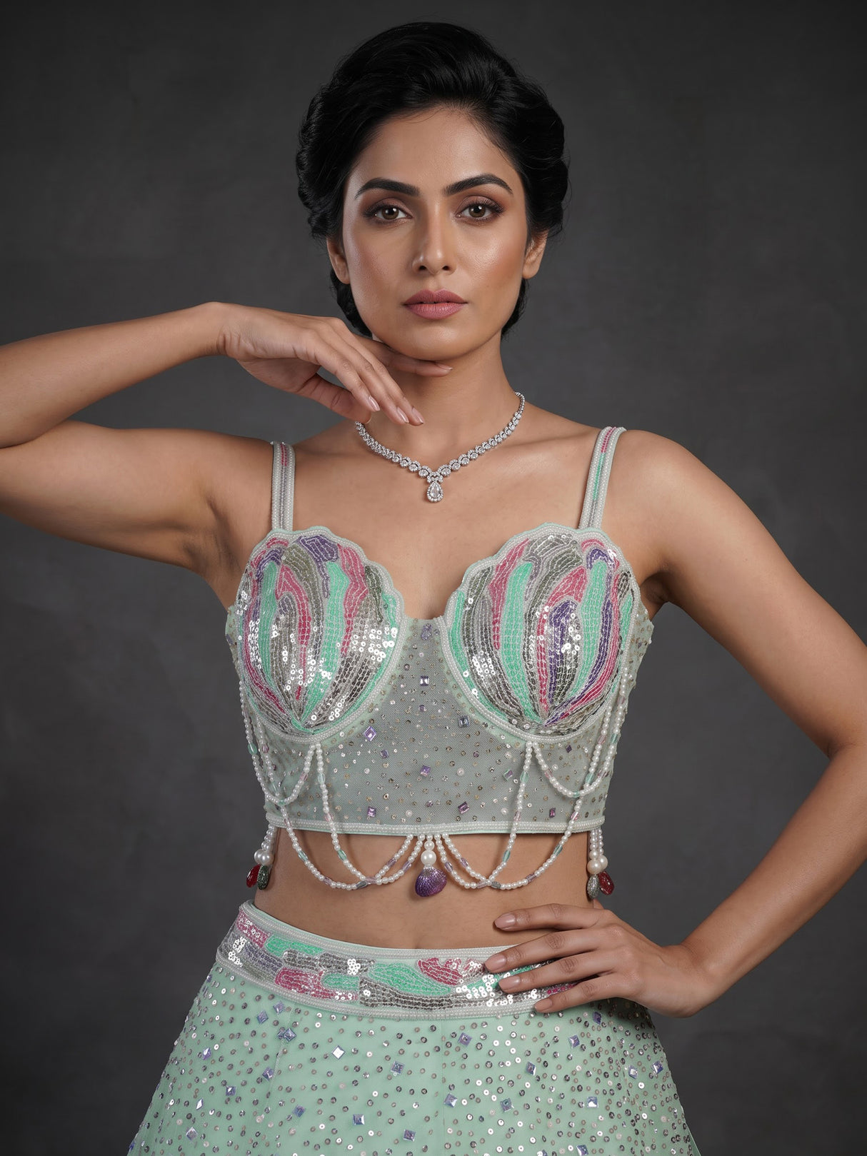 Pista green pearl embellished lehenga choli for women