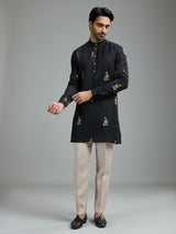 Black mens floral threadwork kurta suit