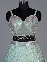 Pista green pearl embellished lehenga choli for women