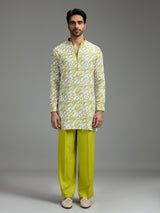 Off white and lime green mens abstract print kurta suit