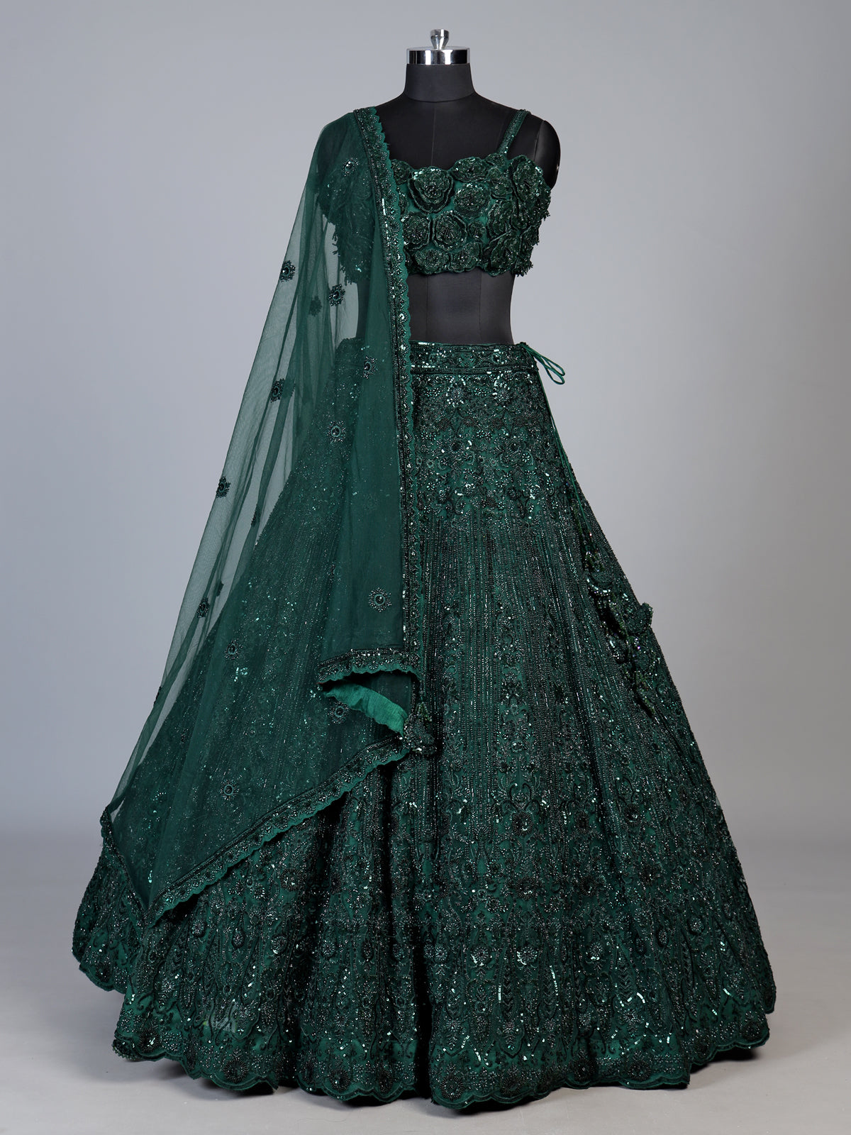 Bottle green floral sequin lehenga choli for women