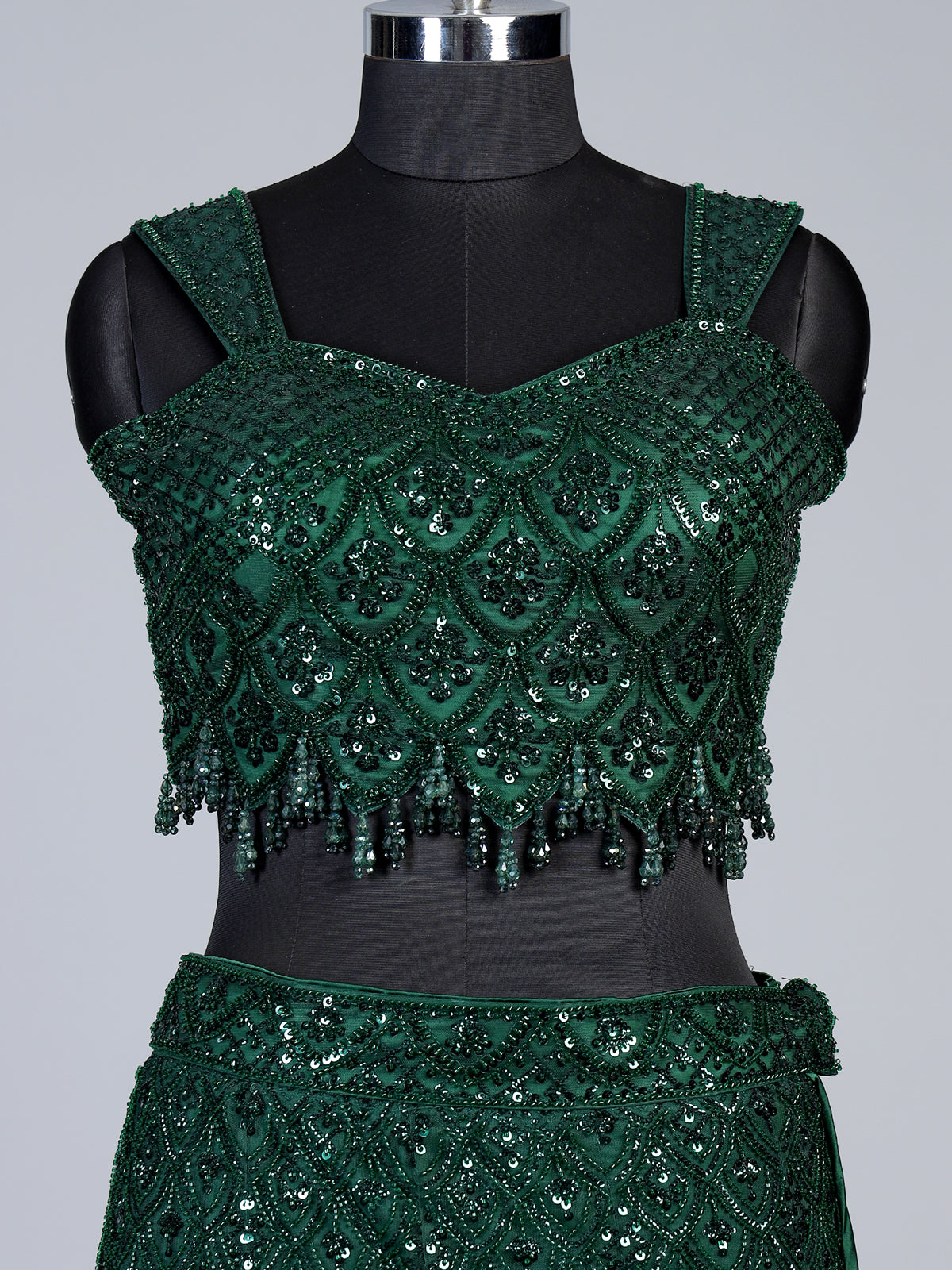 Green sweetheart tiered lehenga choli for women
