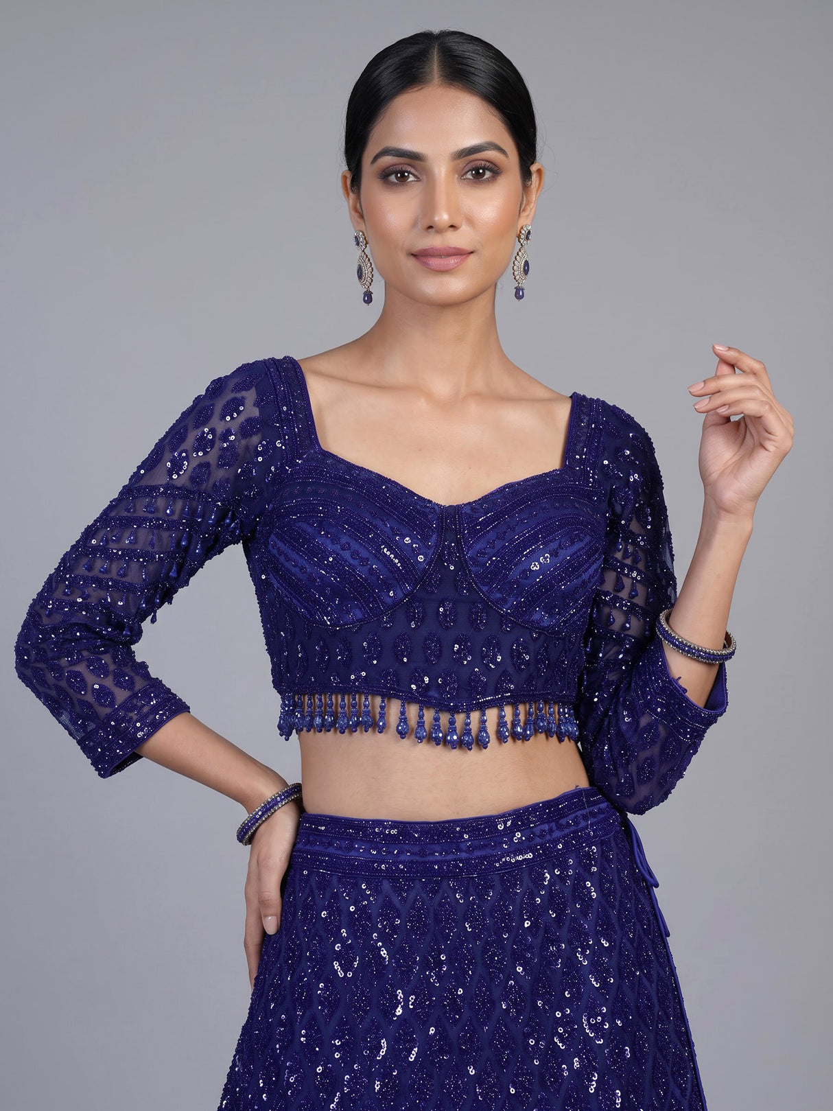 Navy blue crystal fringe designer lehenga choli for women