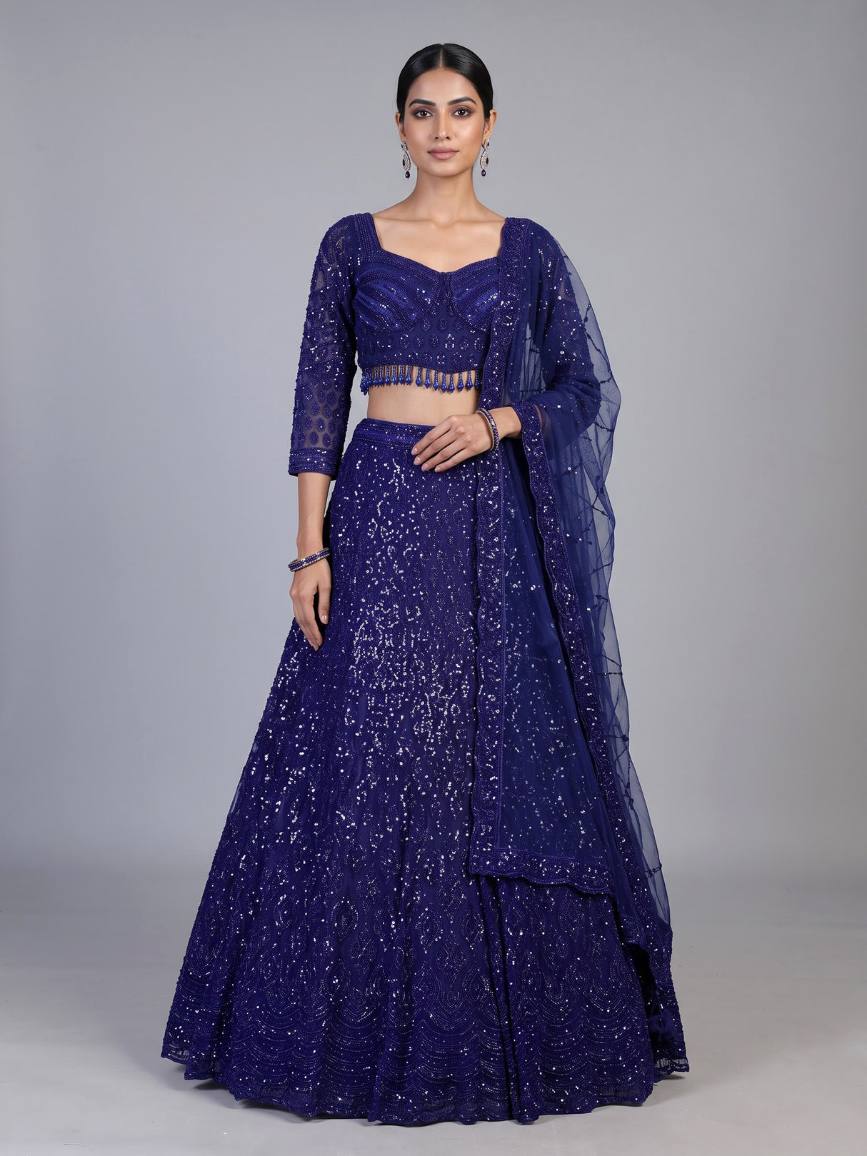 Navy blue crystal fringe designer lehenga choli for women