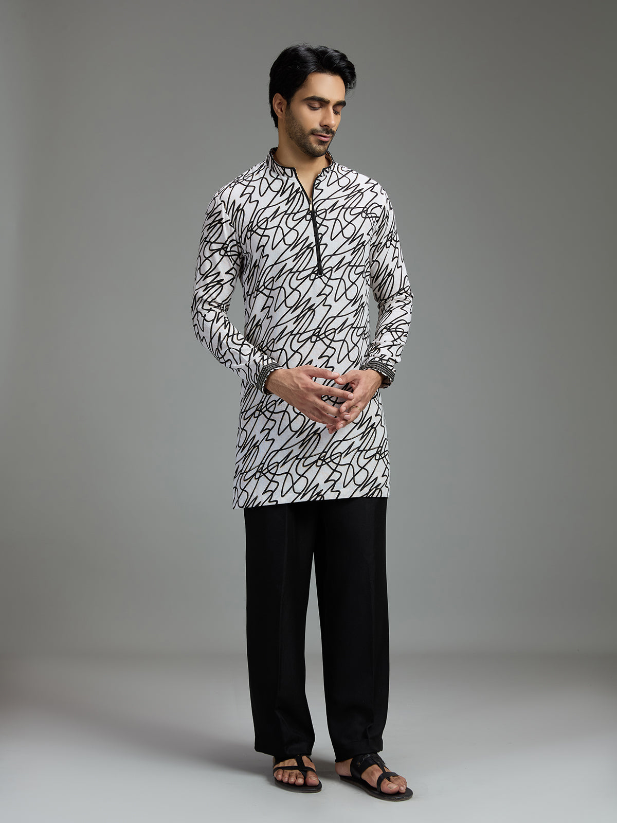 Off white and black mens abstract print kurta suit