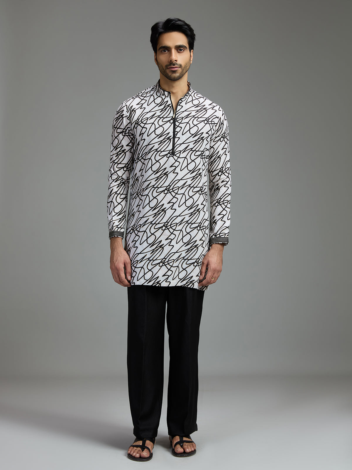 Off white and black mens abstract print kurta suit