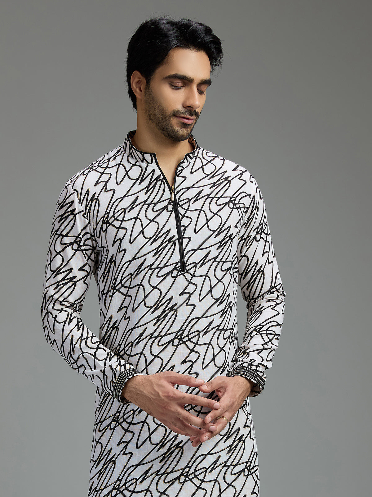 Off white and black mens abstract print kurta suit