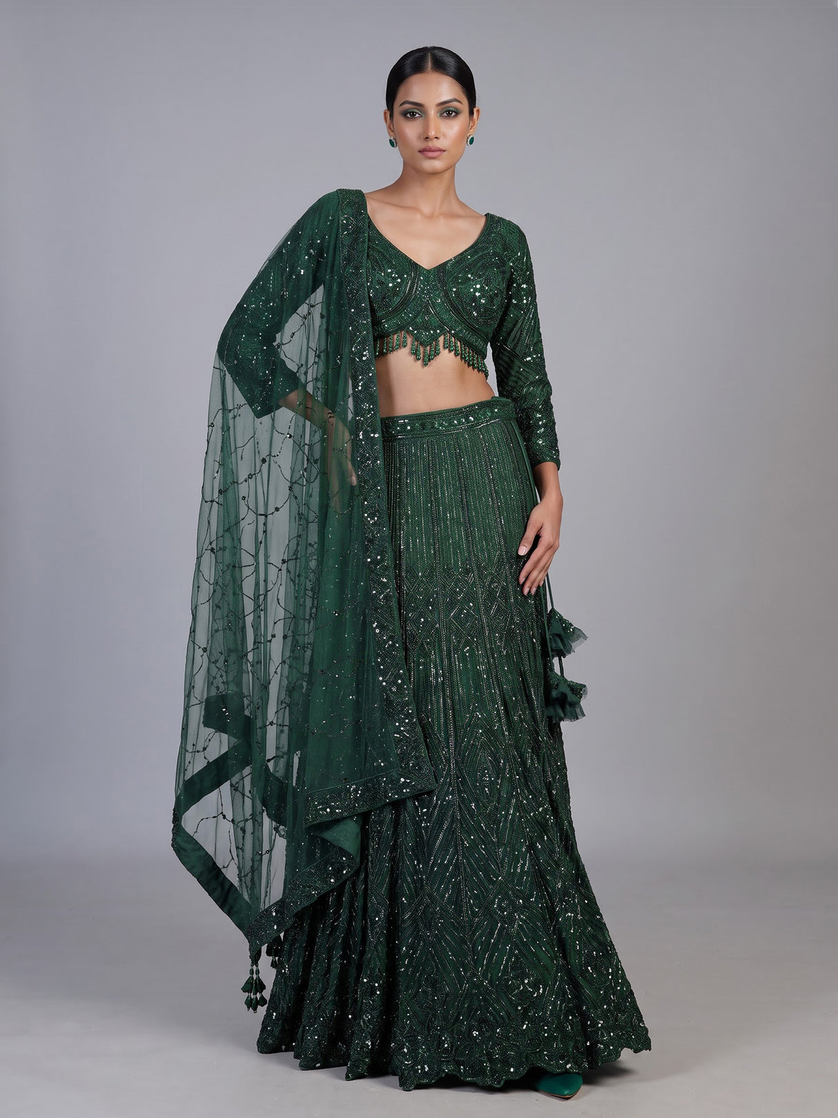 Green crushed shimmer kalidar lehenga choli for women