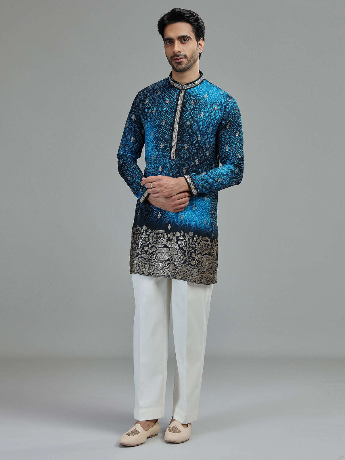 Blue mens bandhani botanical kurta suit