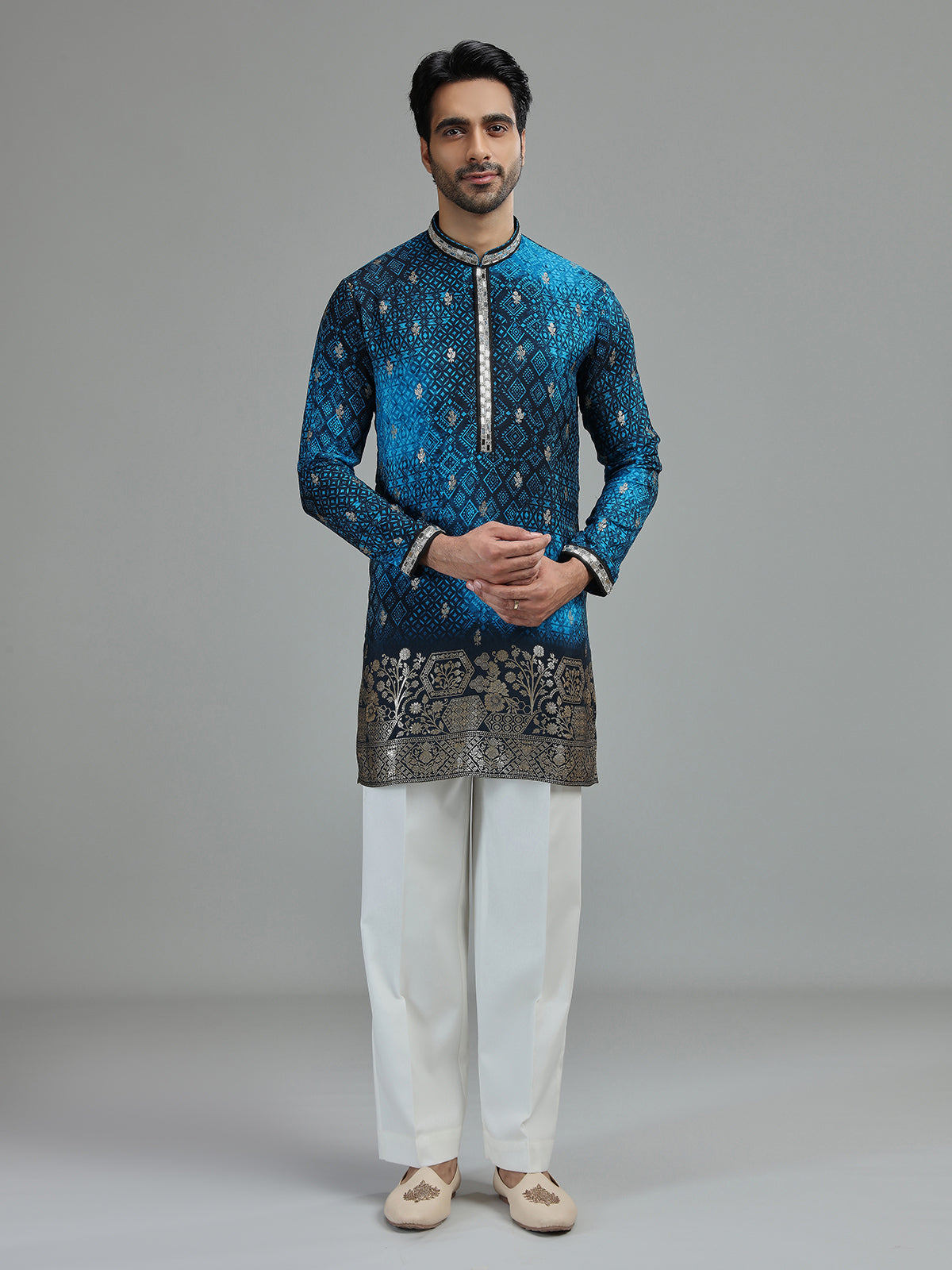 Blue mens bandhani botanical kurta suit