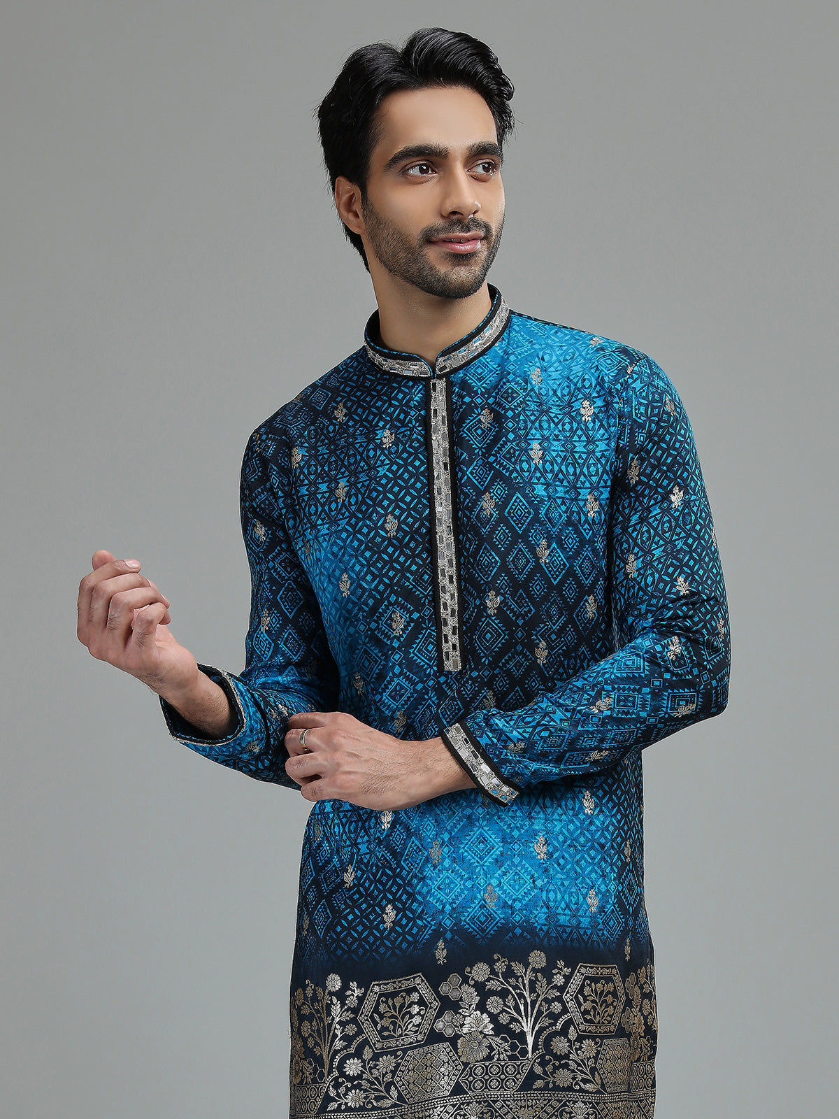 Blue mens bandhani botanical kurta suit