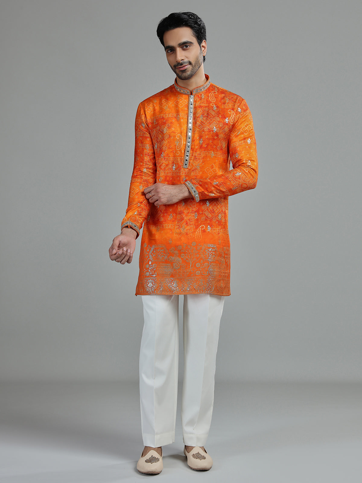 Orange mens heritage floral kurta suit