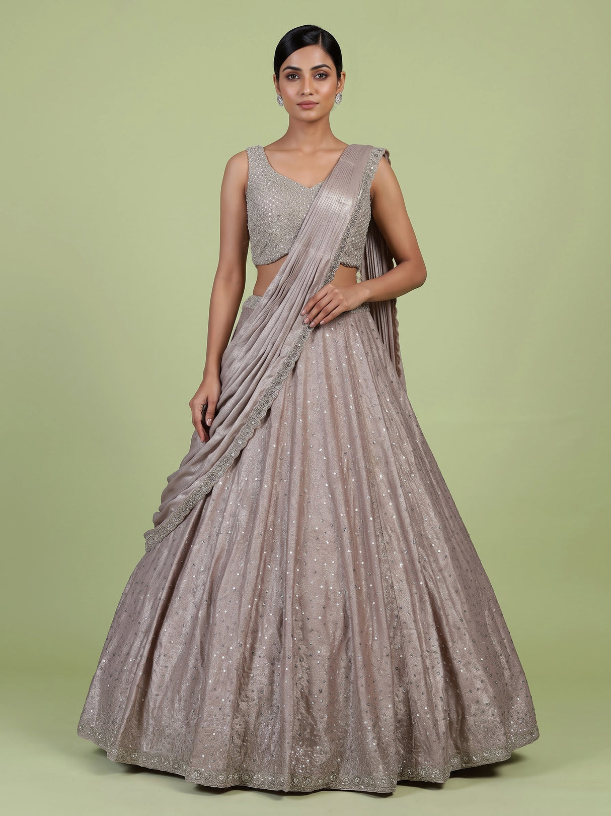 Metallic rose gold pre-draped lehenga choli for women
