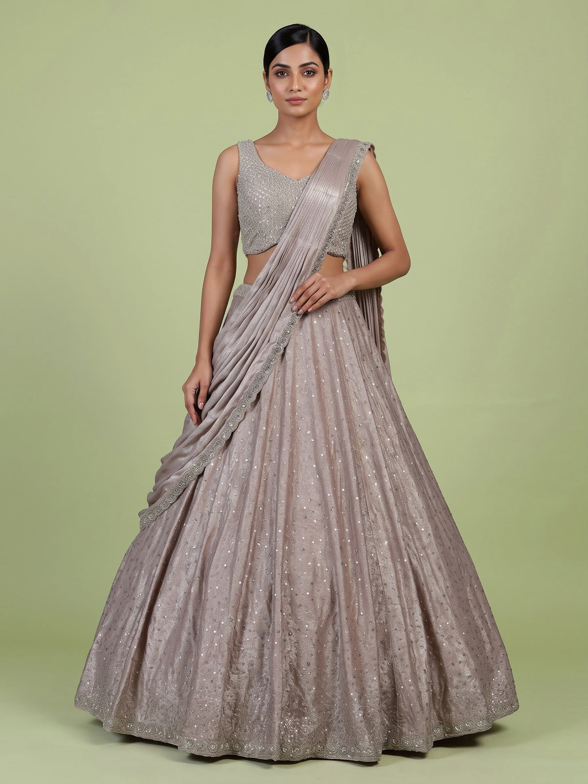 Metallic rose gold pre-draped lehenga choli for women