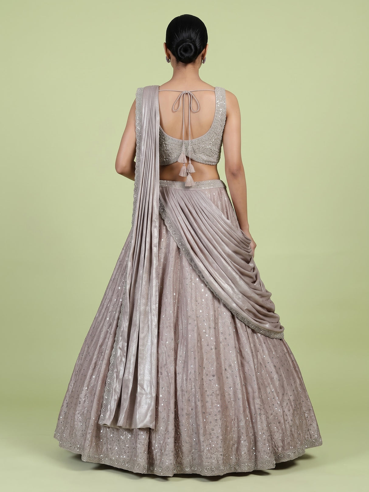 Metallic rose gold pre-draped lehenga choli for women