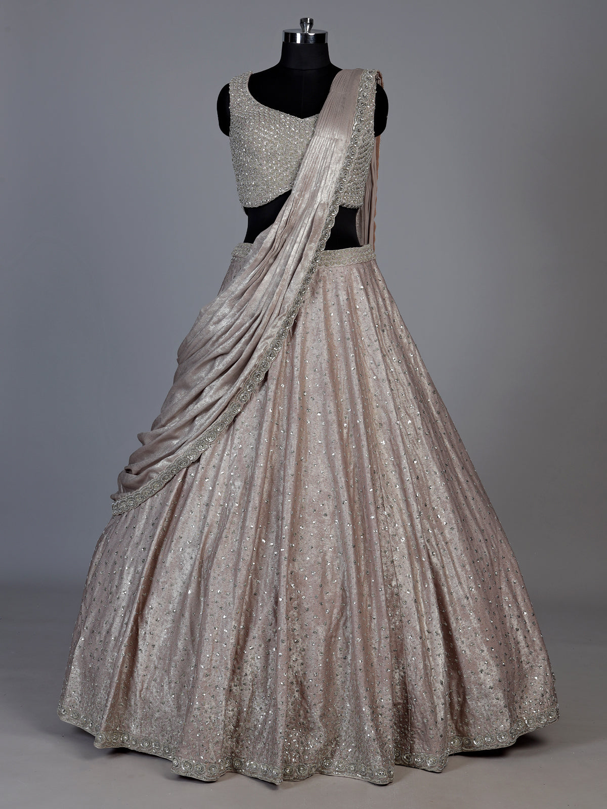 Metallic rose gold pre-draped lehenga choli for women