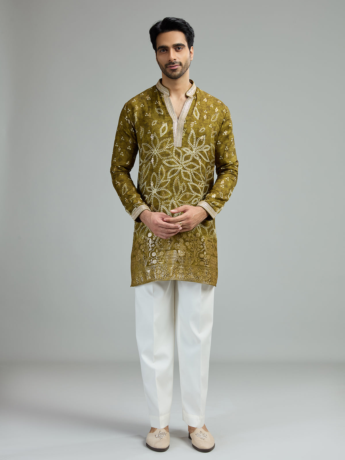 Mehendi green mens floral zari kurta suit