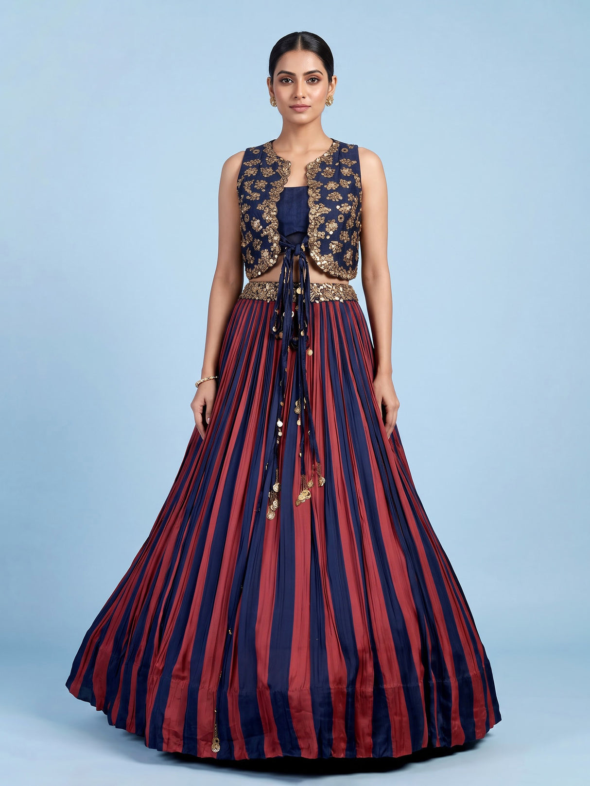 Rust blue striped jacket lehenga choli for women