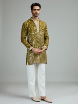 Mehendi green mens floral zari kurta suit