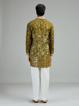 Mehendi green mens floral zari kurta suit