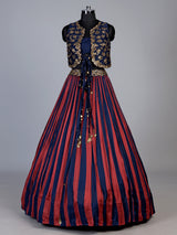 Rust blue striped jacket lehenga choli for women