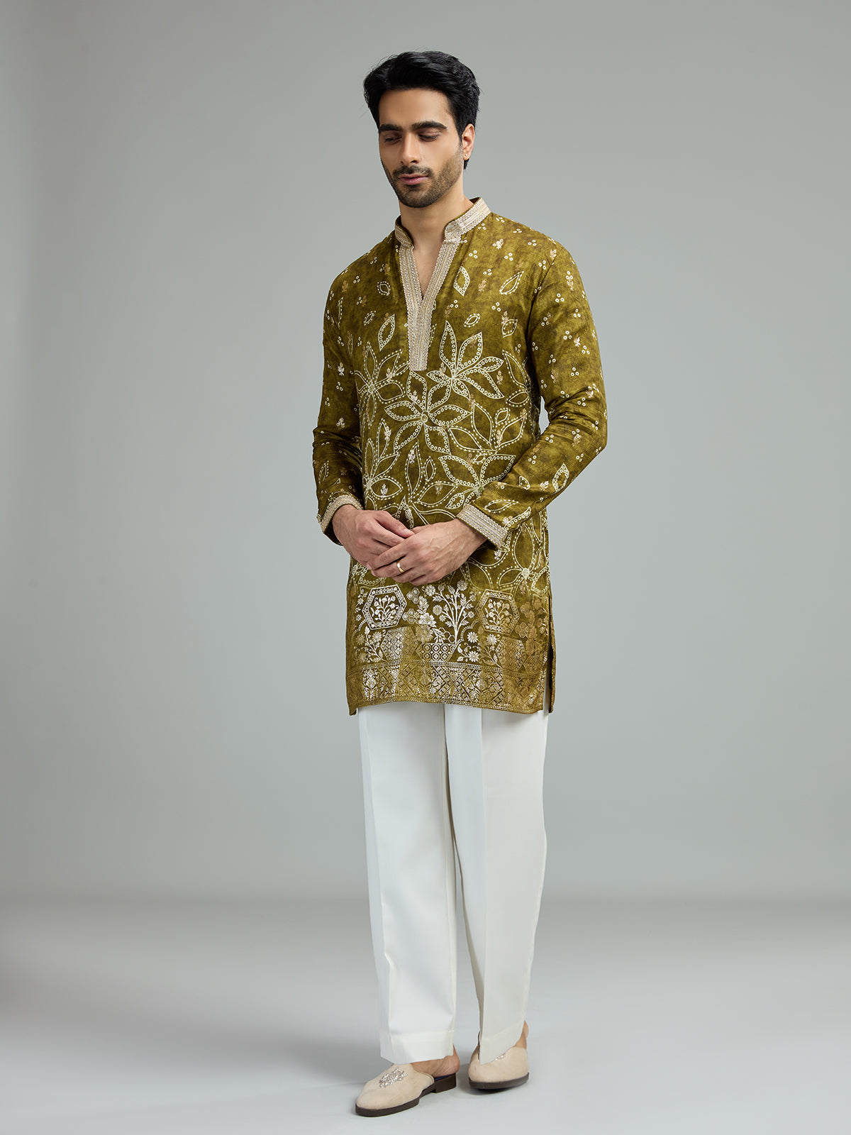 Mehendi green mens floral zari kurta suit