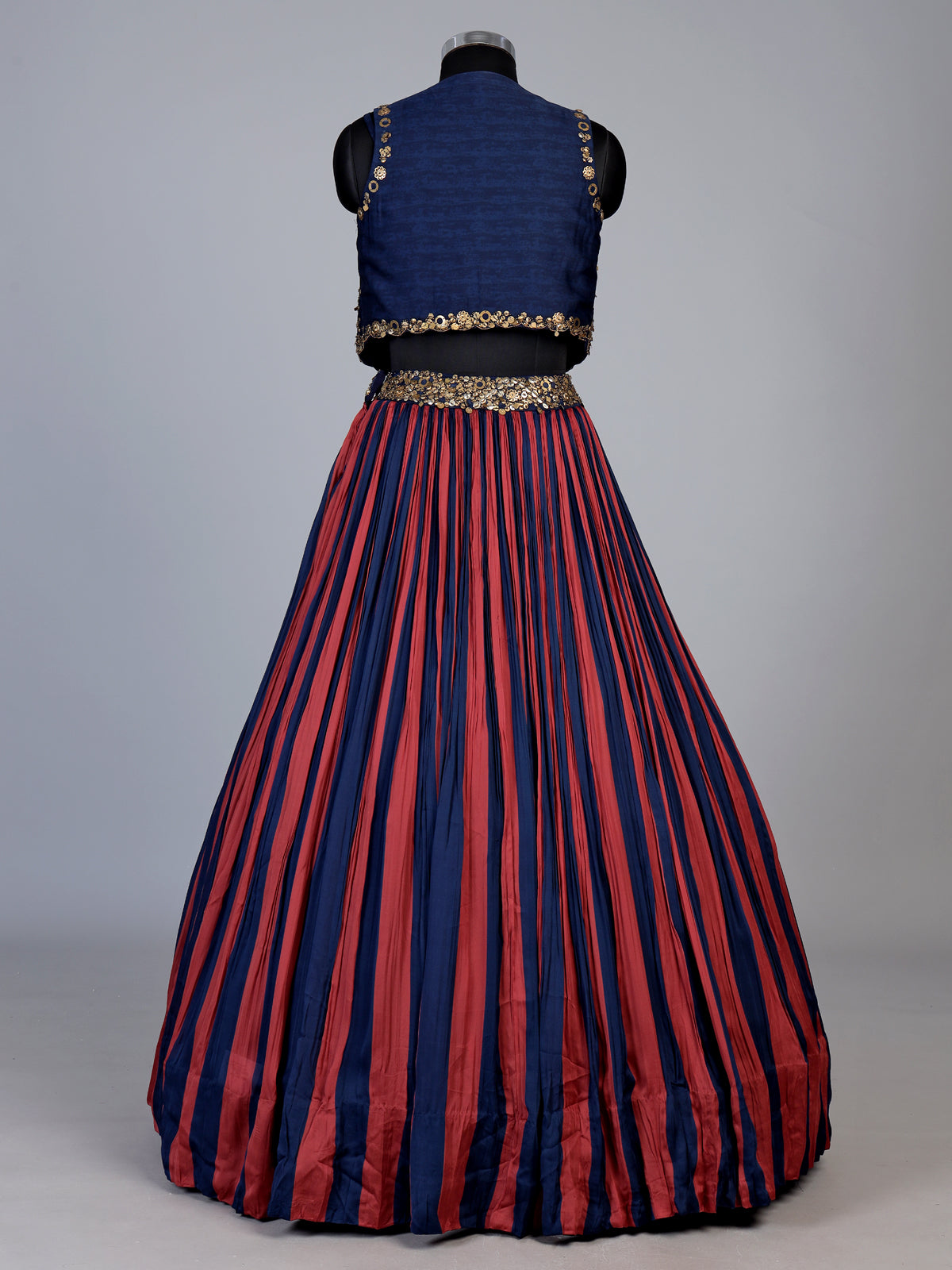Rust blue striped jacket lehenga choli for women