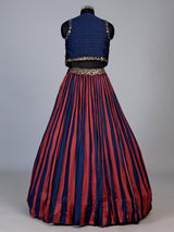 Rust blue striped jacket lehenga choli for women