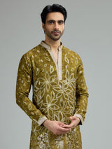Mehendi green mens floral zari kurta suit